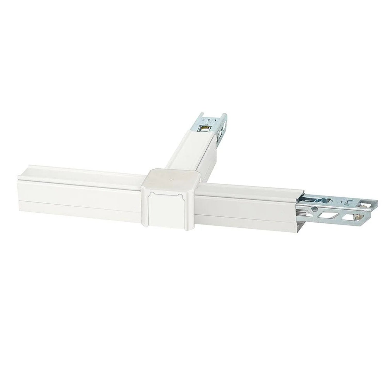 White linear trunking system component with connector junction and metal track sections displayed horizontally.