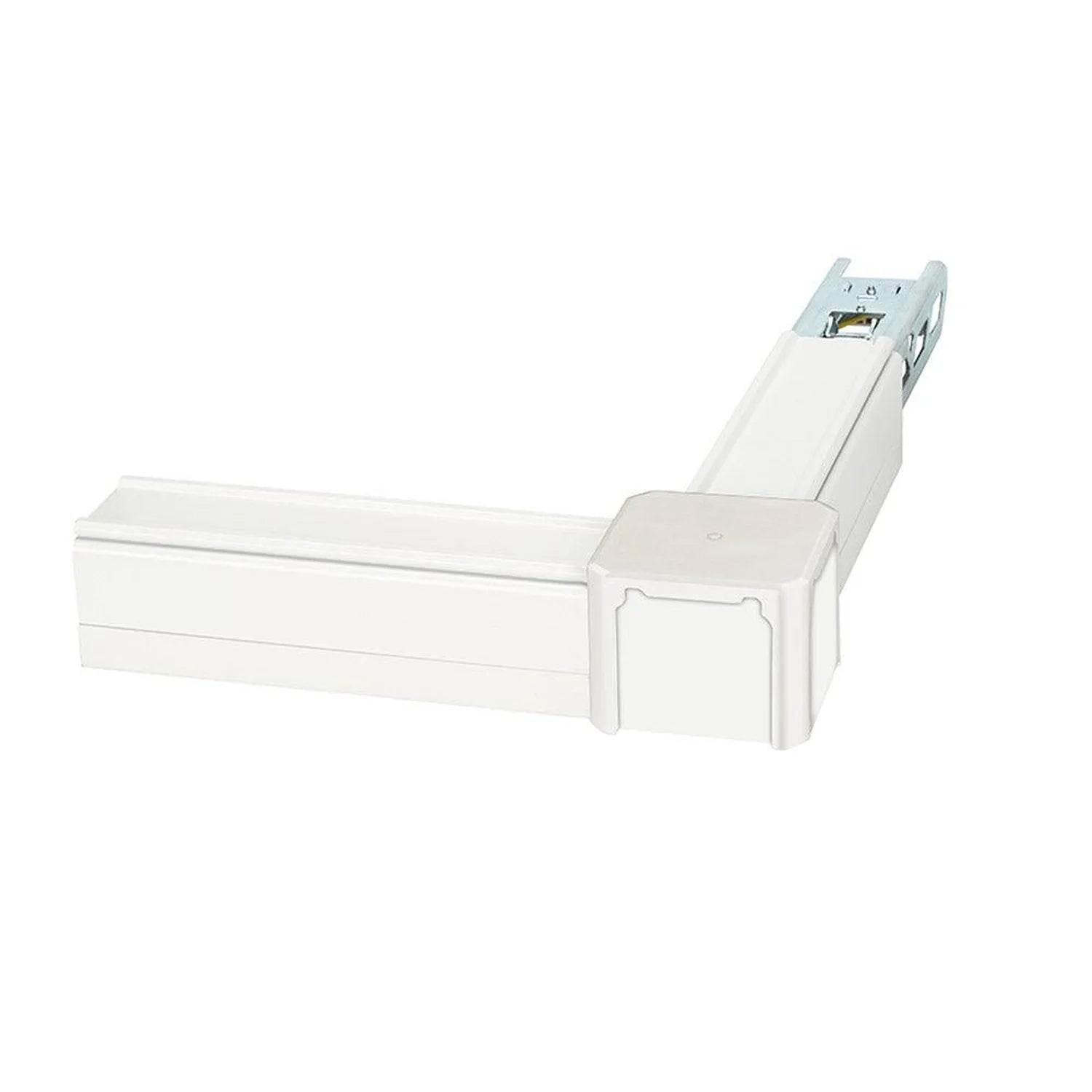 White corner extension connector for LED trunking system with metal mounting bracket, shown at forty-five degree angle.