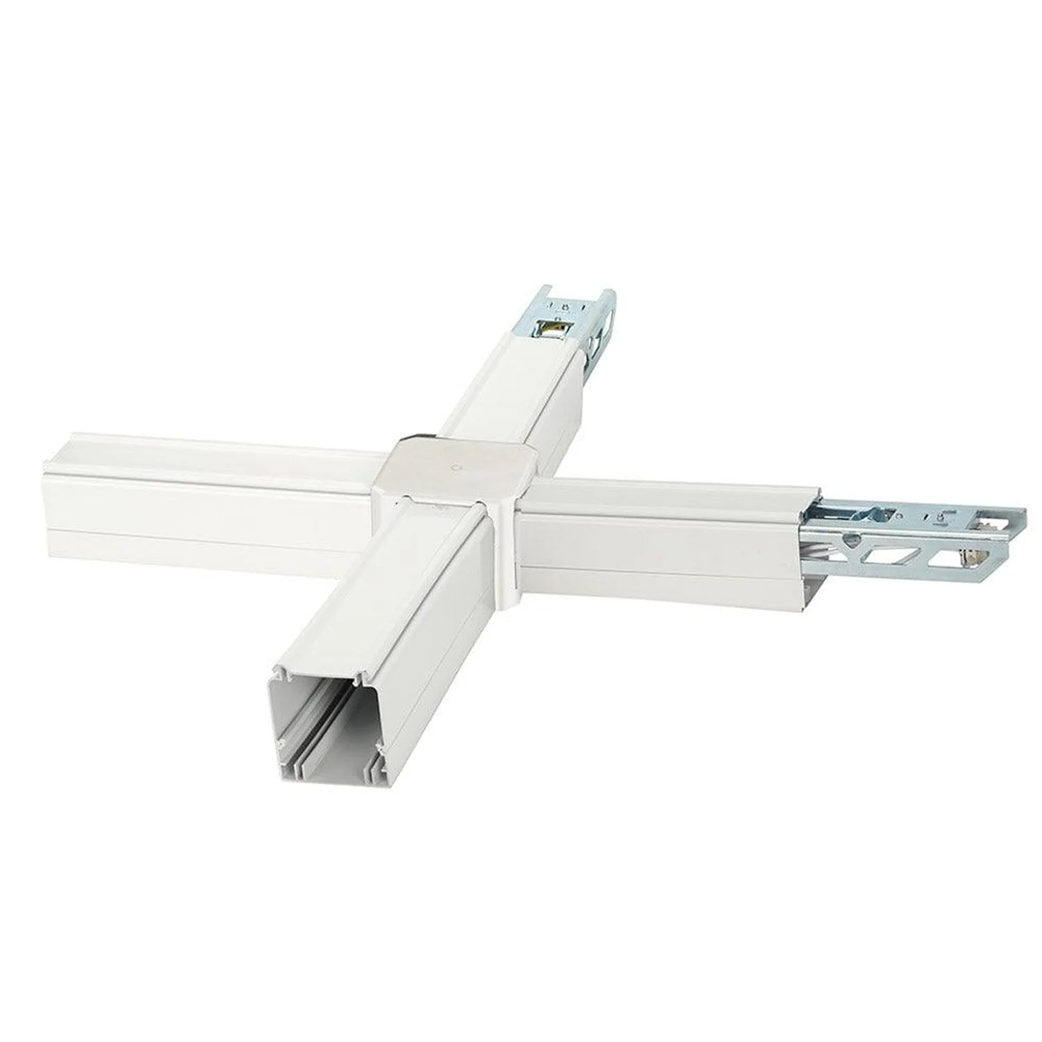 White modular trunking system connector and extension pieces for LED linear track lighting, assembled in cross configuration.
