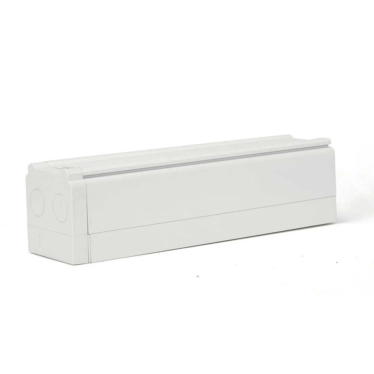 White rectangular LED trunking system extension accessory with aluminum rail detail, shown against white background.