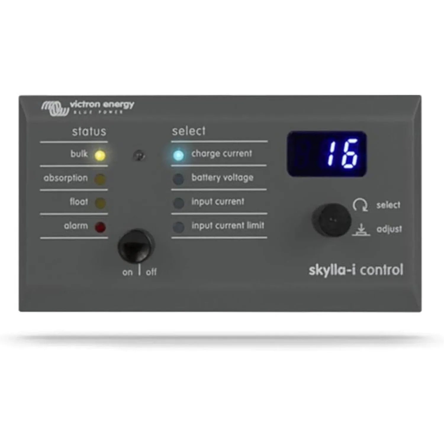 Victron Energy Skylla-i Control panel with status indicators, select options, digital display showing 16, and adjustment cont