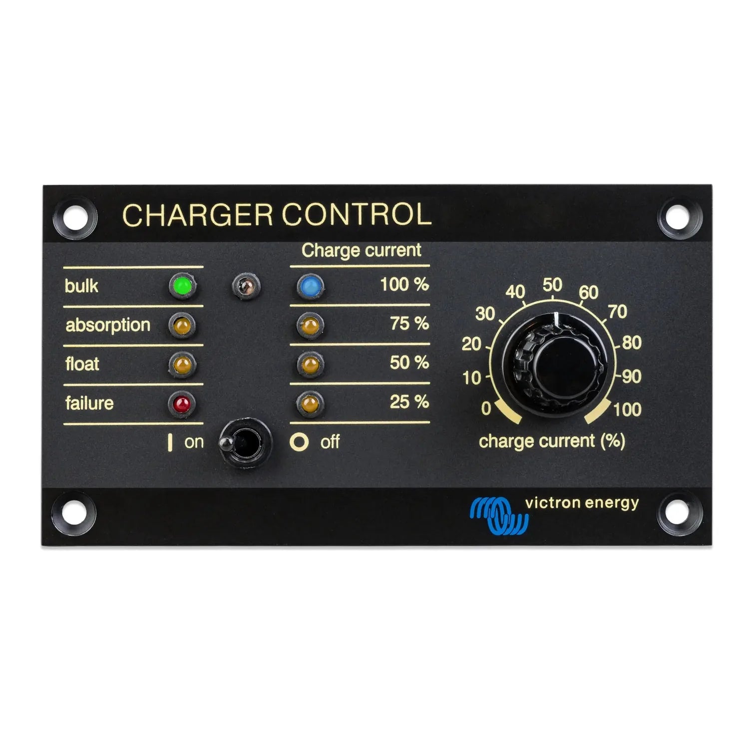 Victron Energy Charger Control panel with charge current settings, status indicators, and analog gauge displaying 0-100% char