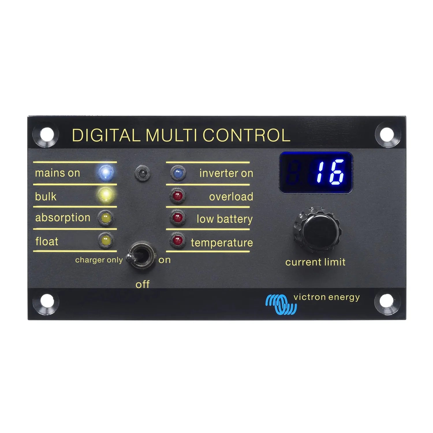 Victron Digital Multi Control panel with blue LED display showing 16, status indicator lights, charger mode selector switch, 
