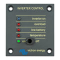 Victron Energy inverter control panel with blue "inverter on" LED, red warning lights for overload, low battery and temperatu