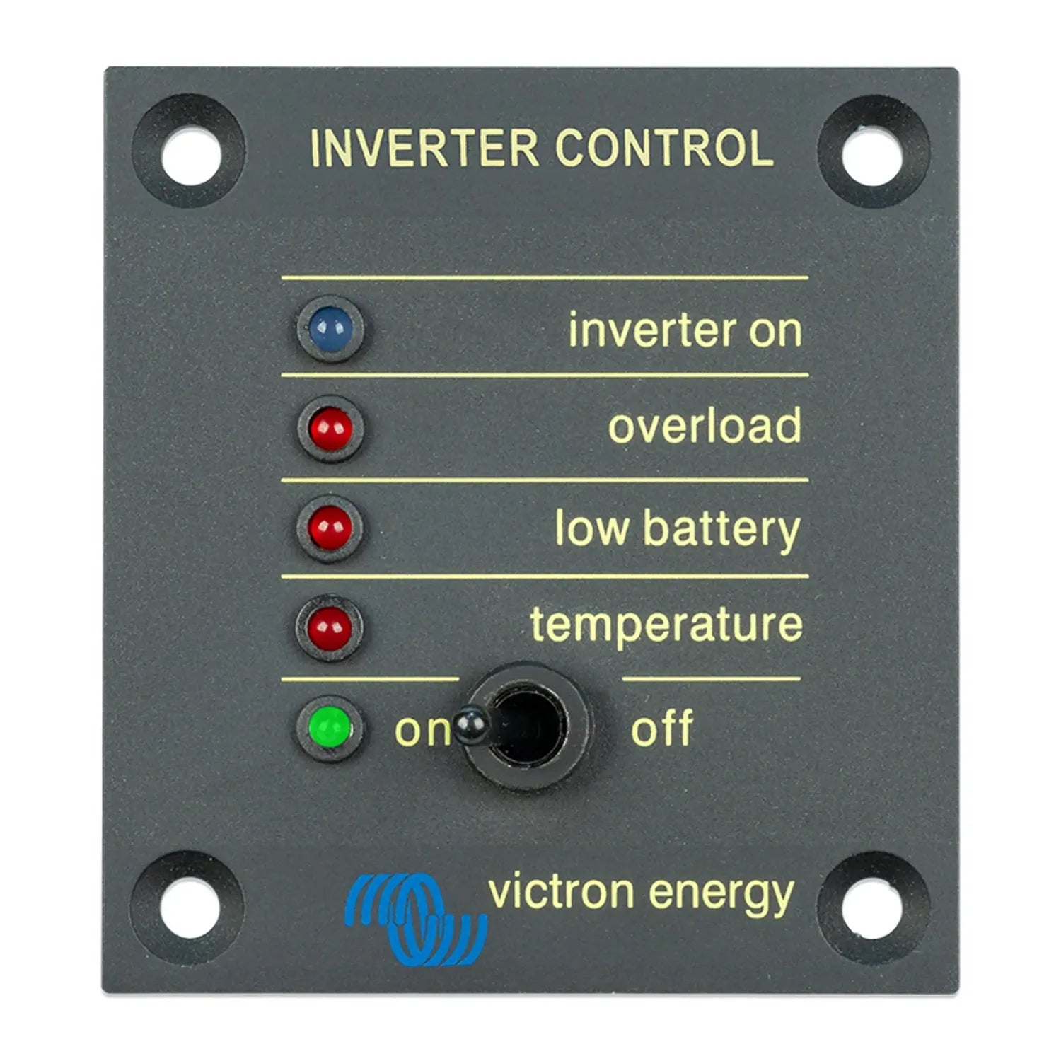 Victron Energy inverter control panel with blue "inverter on" LED, red warning lights for overload, low battery and temperatu