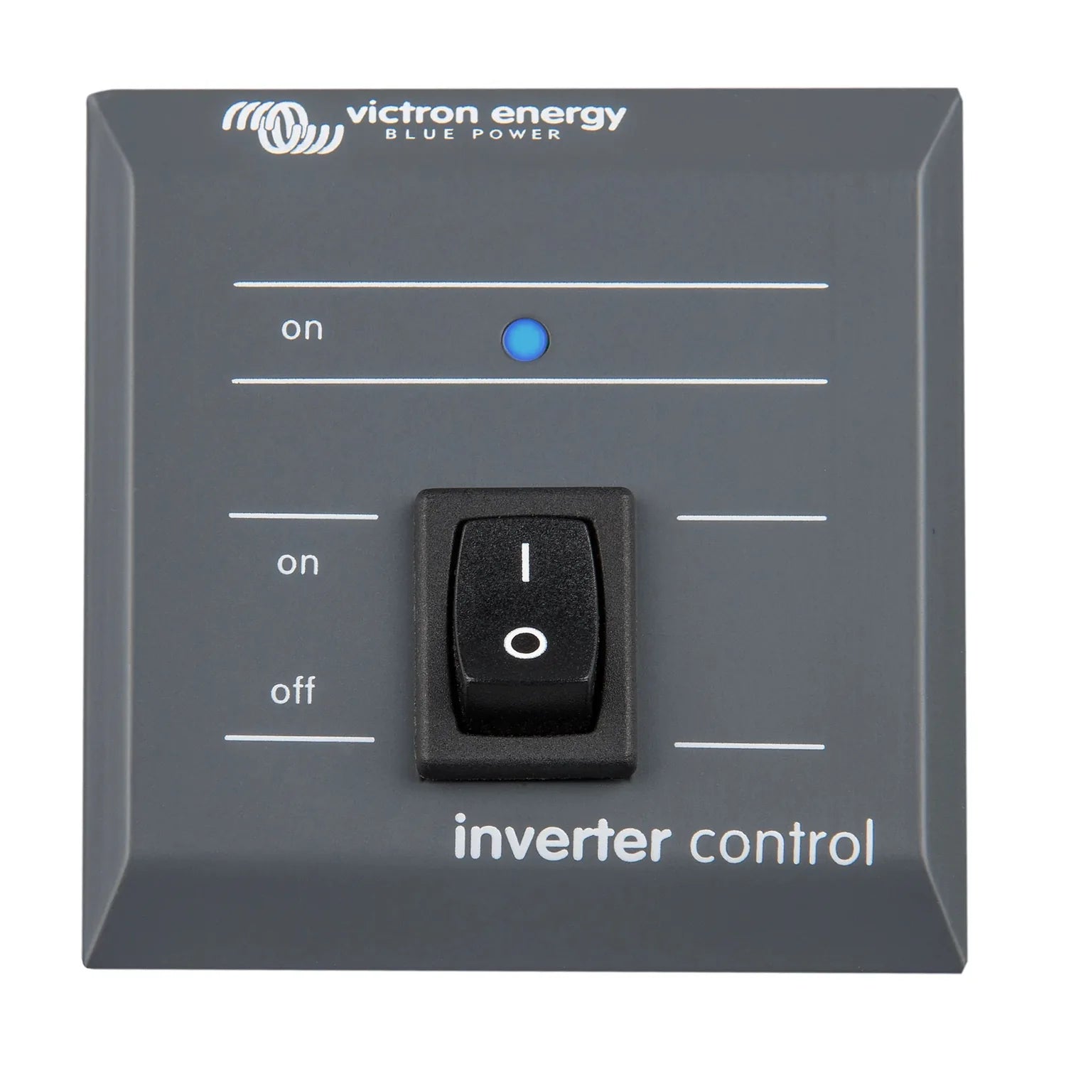 Victron Energy Blue Power inverter control panel with on/off toggle switch and blue status indicator light.
