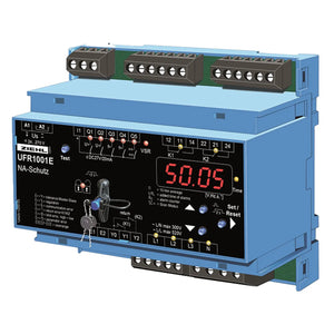 Ziehl UFR1001E NA-Schutz relay device mounted on blue DIN rail with terminal blocks, digital display, and control buttons.