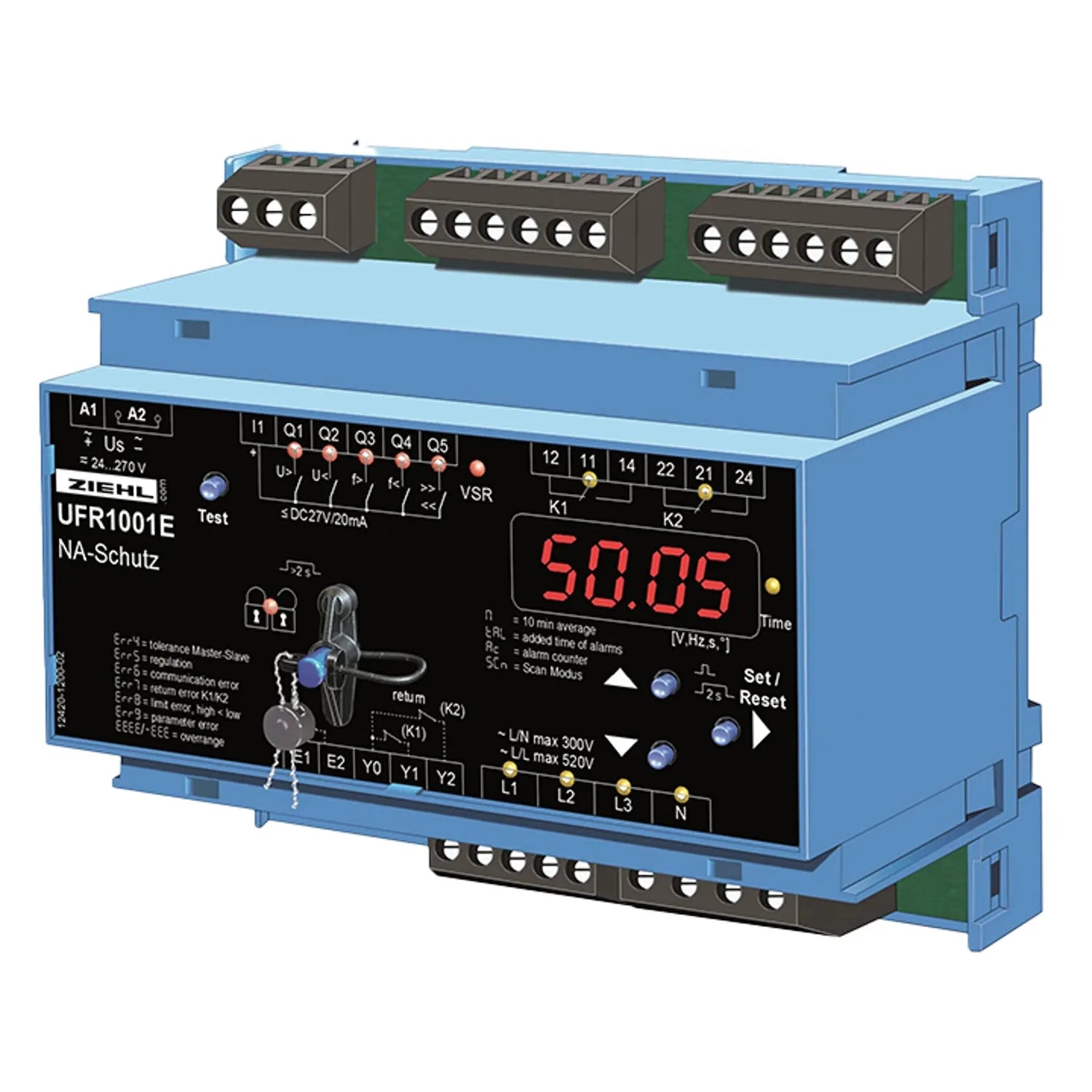 Ziehl UFR1001E NA-Schutz relay device mounted on blue DIN rail with terminal blocks, digital display, and control buttons.