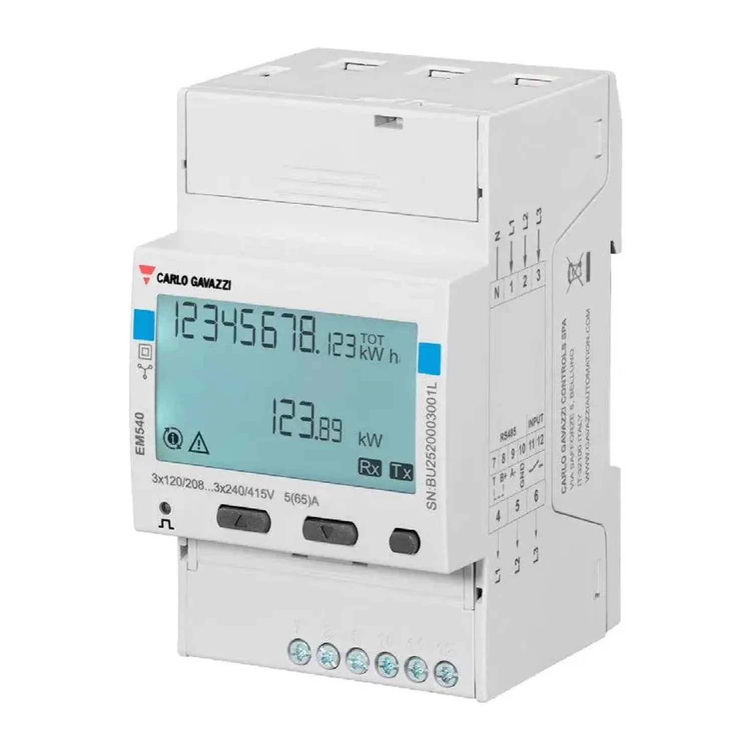 Carlo Gavazzi three-phase energy meter with LCD display showing power consumption and total kilowatt hours, mounted on DIN ra