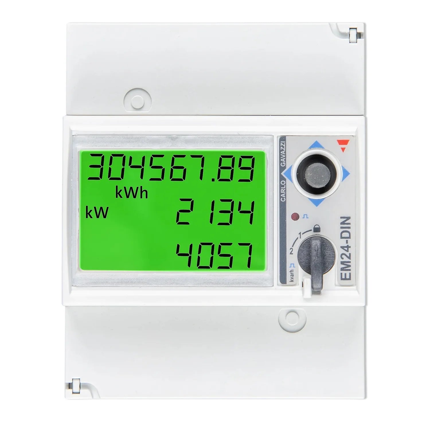 White wall-mounted digital energy meter with green display showing kWh and kW readings, control knob, and Carlo Gavazzi EM24-