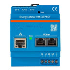 Blue DIN rail-mounted energy meter VM-3P75CT by Victron Energy with three CT terminals, Ethernet and CAN ports, status indica