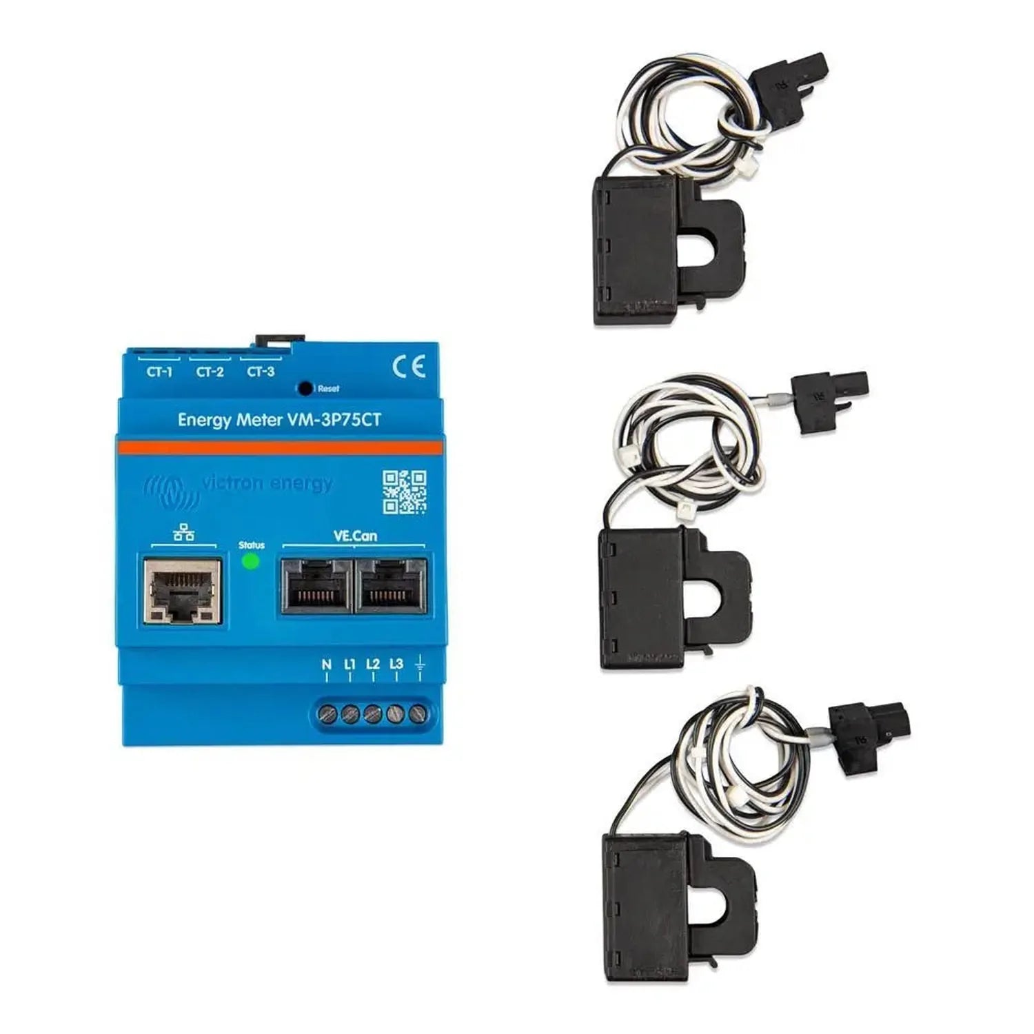 Victron Energy Meter VM-3P75CT with three black current transformer clamps attached via cables, shown on white background.