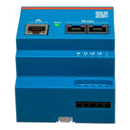 Blue industrial control module with network port, status indicator, dual CAN connectors, and terminal blocks labeled L1, L2, 