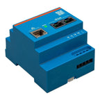 Blue DIN rail-mounted electrical device with Ethernet port, two terminal blocks, and status indicator light, isometric produc