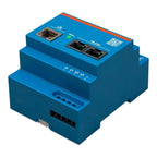 Blue DIN rail-mounted Victron Energy three-phase meter with Ethernet port, status LED, terminal connectors, and QR code label