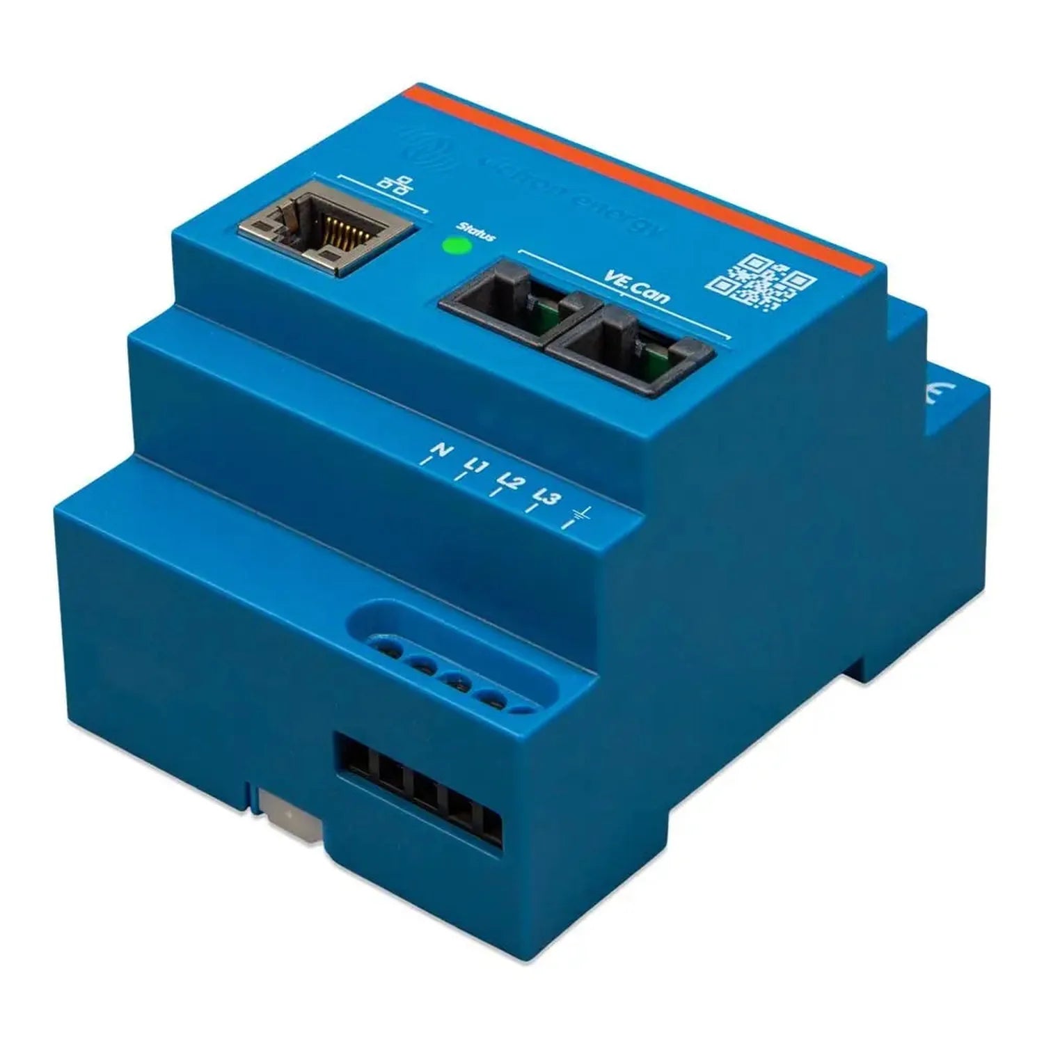 Blue DIN rail-mounted Victron Energy three-phase meter with Ethernet port, status LED, terminal connectors, and QR code label