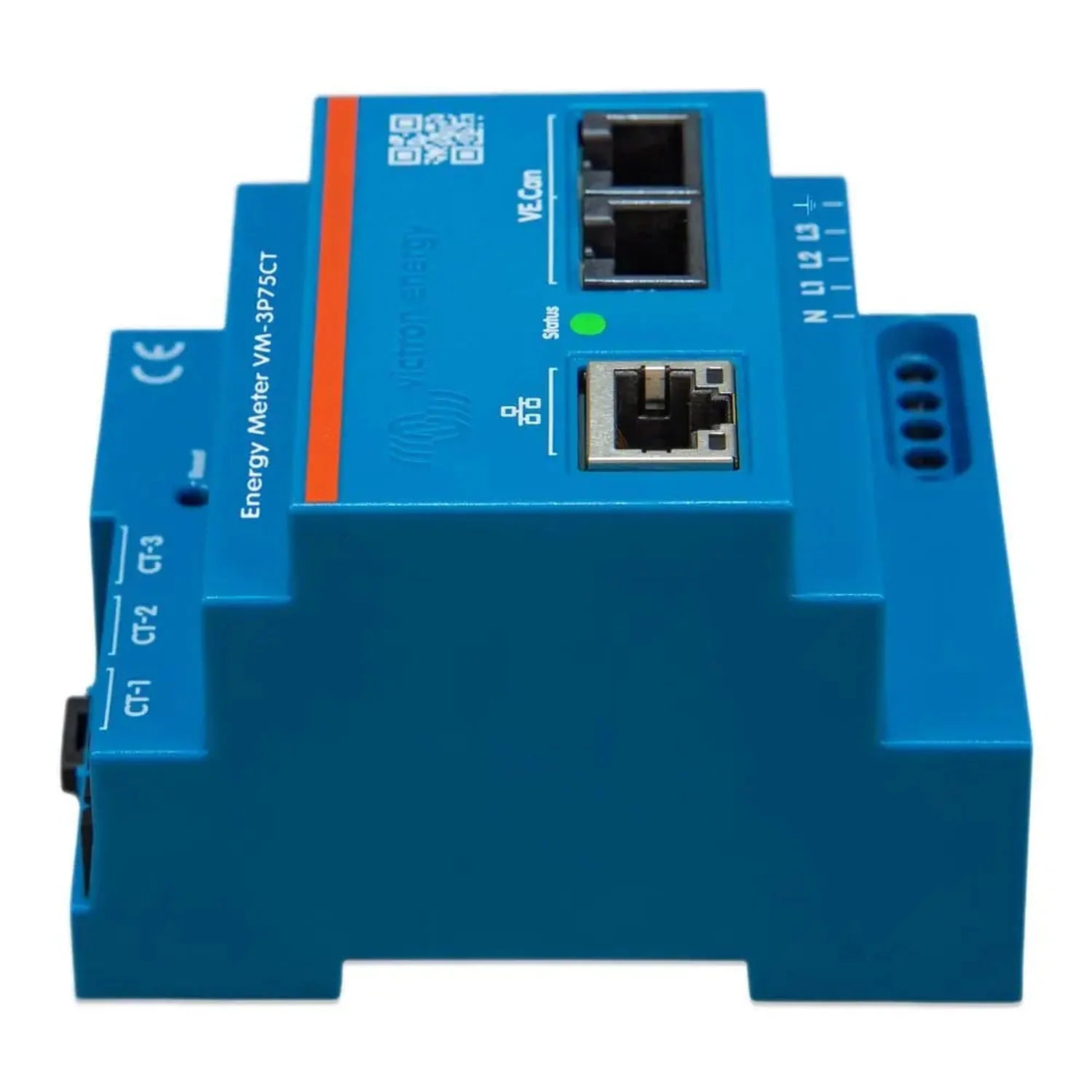 Blue three-phase energy meter device with dual display windows, network connector, and terminal connections mounted on DIN ra