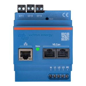 Victron Energy three-phase energy meter with three CT terminals, Ethernet and CAN connectors, green status LED, and five term