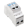 Victron ET112 energy meter mounted on DIN rail, showing two RJ45 network ports and terminal connectors for electrical install