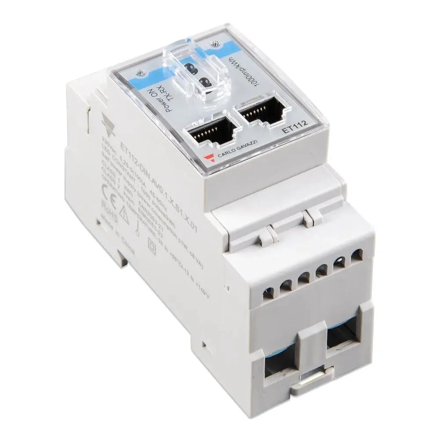 Victron ET112 energy meter mounted on DIN rail, showing two RJ45 network ports and terminal connectors for electrical install