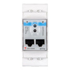 Victron EnergyMeter ET112 mounted on DIN rail, showing front panel with two RJ45 connectors and two LED indicators.