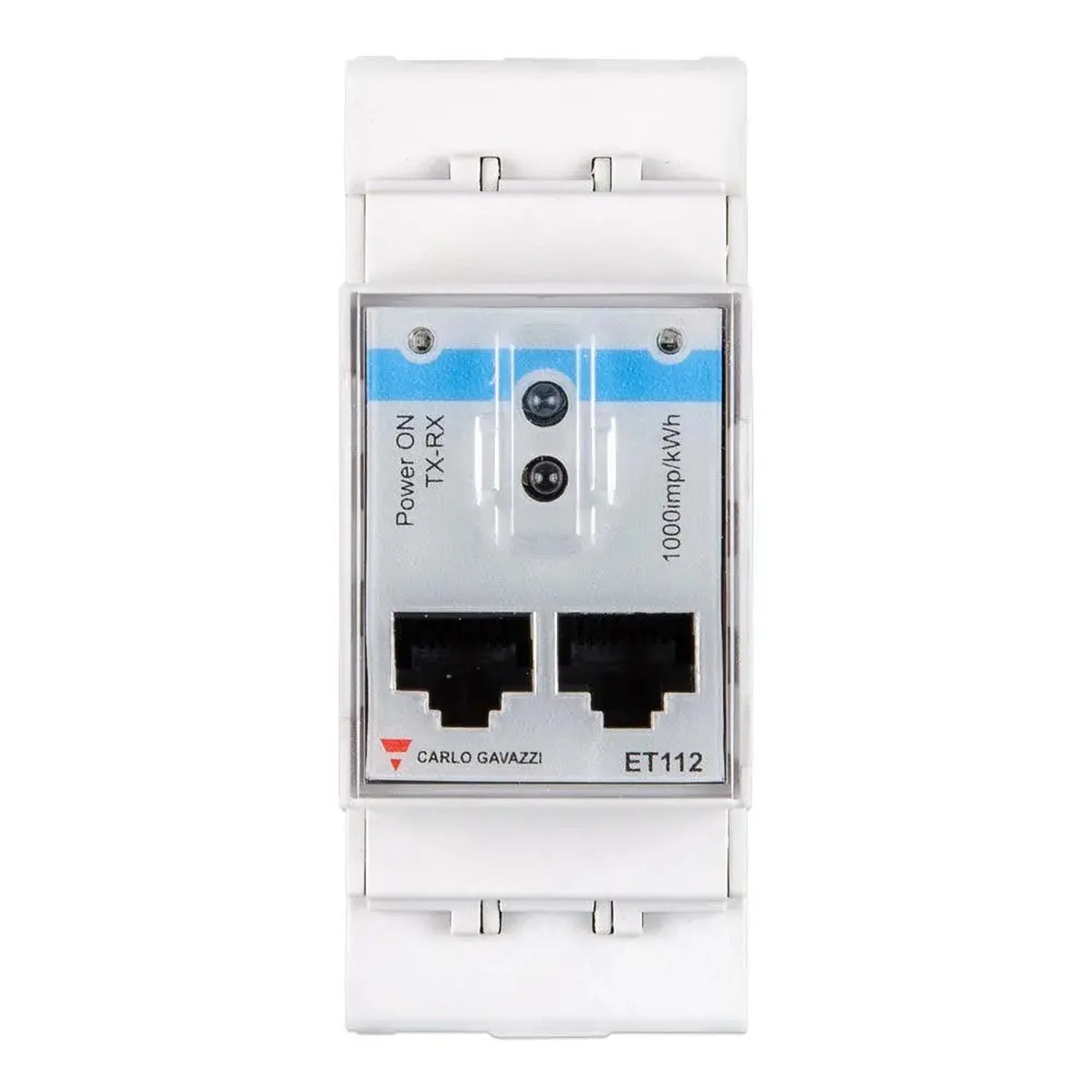 Victron EnergyMeter ET112 mounted on DIN rail, showing front panel with two RJ45 connectors and two LED indicators.