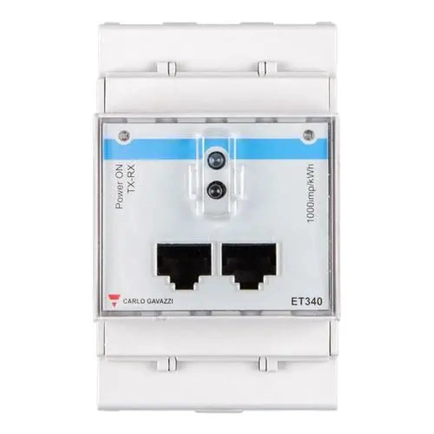 Carlo Gavazzi ET340 PowerON TX-RX energy meter with dual RJ45 ports mounted on DIN rail, front view.