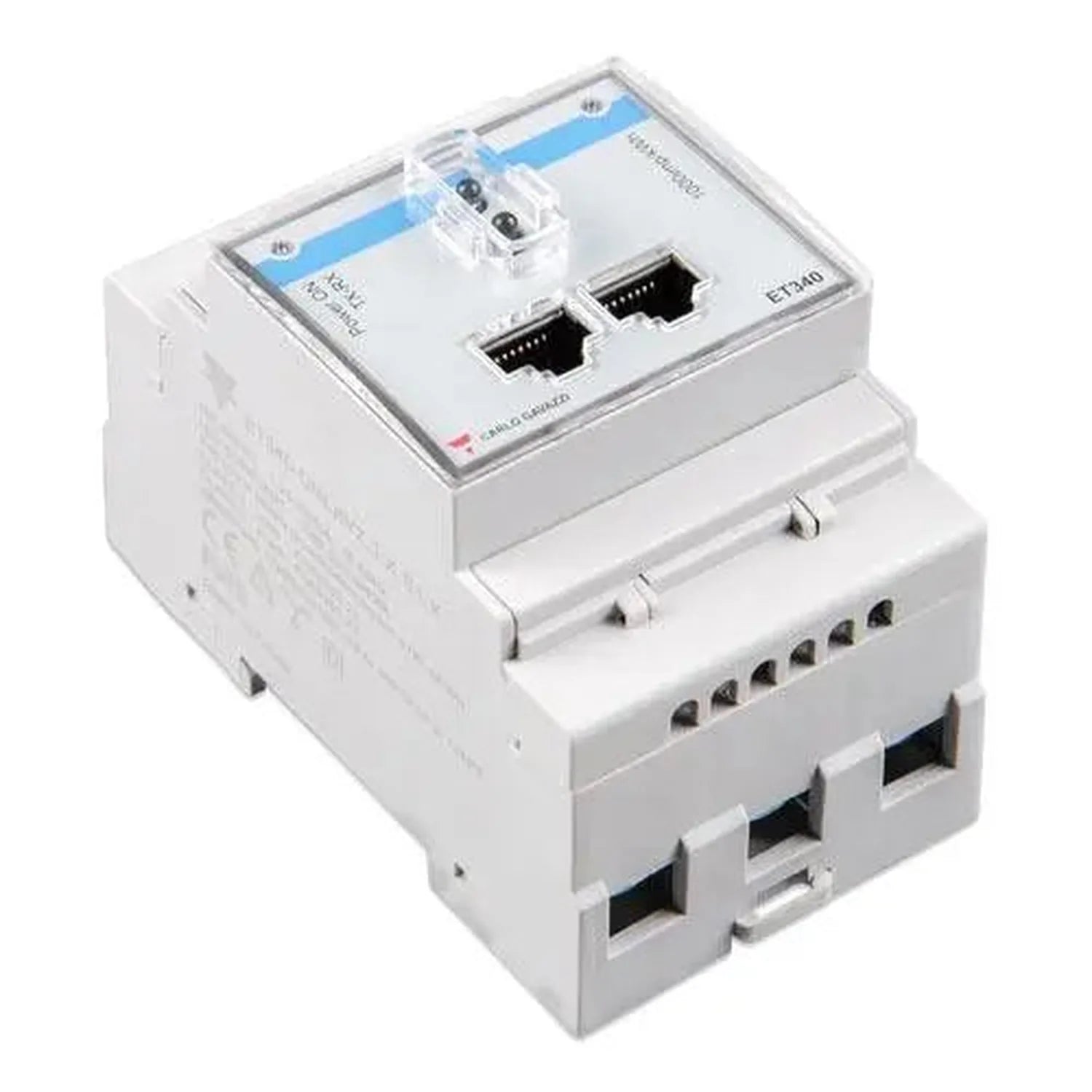 White DIN rail-mounted electrical meter with two black Ethernet ports and multiple terminal connections, model ET340 visible 