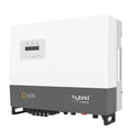 Solis hybrid inverter with white upper casing and gray lower panel, featuring digital display and control buttons, shown agai