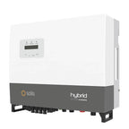 Solis hybrid inverter with white upper casing and gray lower panel, featuring digital display and control buttons, shown agai