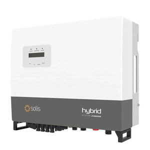 Solis hybrid inverter with white upper casing and gray lower panel, featuring digital display and control buttons, shown agai