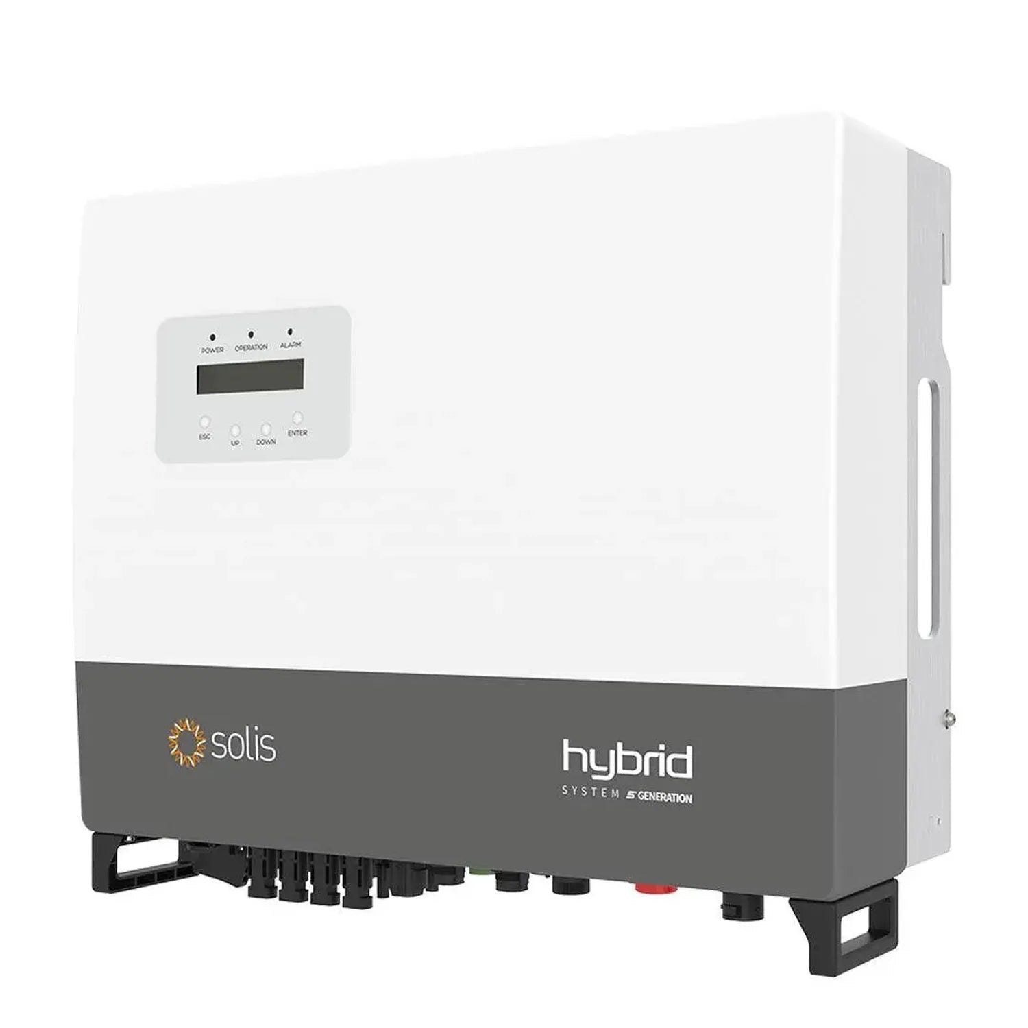 Solis hybrid inverter with white upper casing and gray lower panel, featuring digital display and control buttons, shown agai