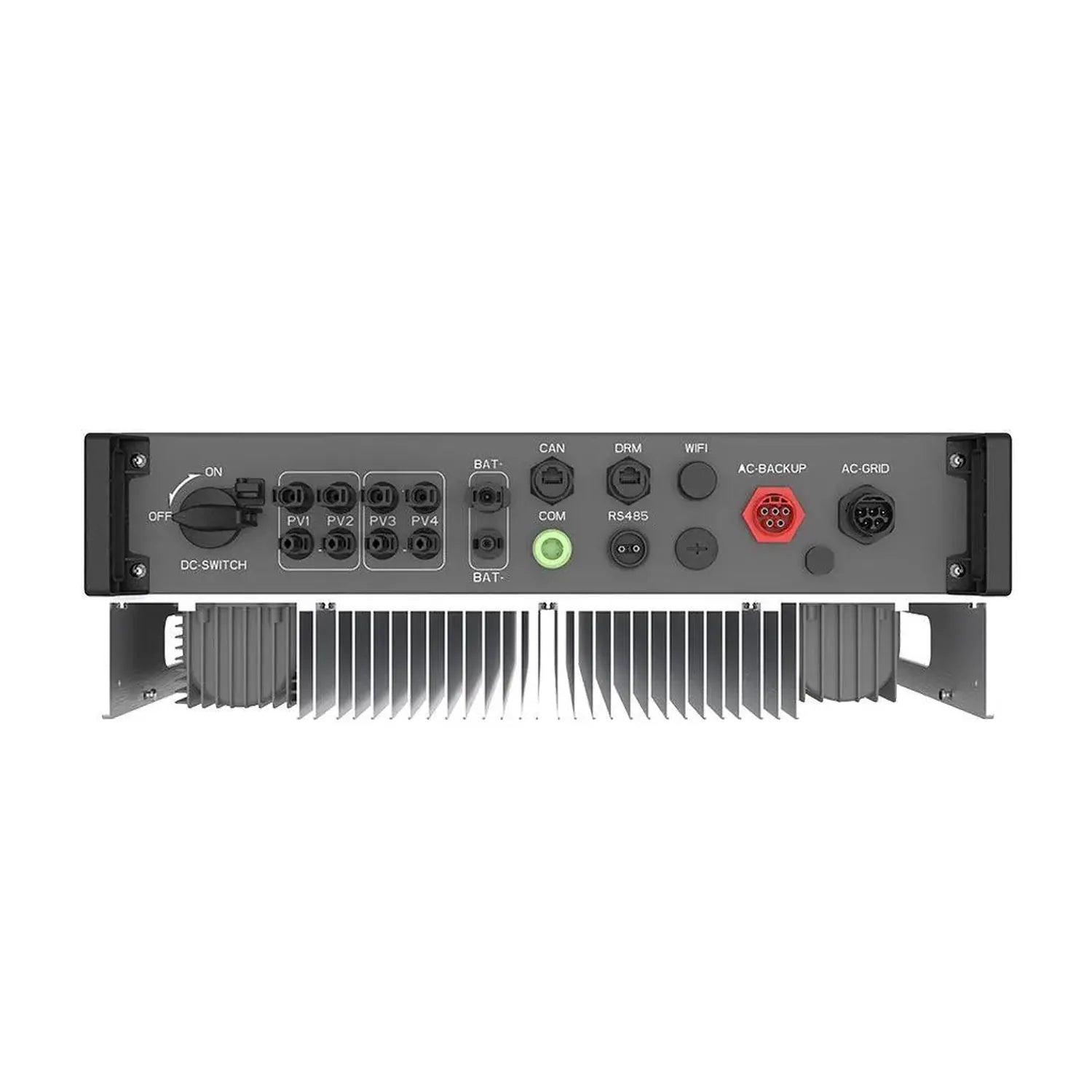 Front panel of Solis 10kW hybrid inverter showing DC switch, PV inputs, battery terminals, CAN and RS485 ports, WiFi connecto