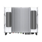 Rear view of Solis 10kW 3-phase hybrid inverter showing aluminum heat sink fins, white metal casing, terminal connectors, and