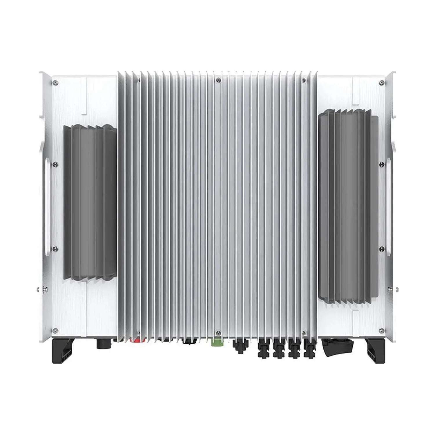 Rear view of Solis 10kW 3-phase hybrid inverter showing aluminum heat sink fins, white metal casing, terminal connectors, and