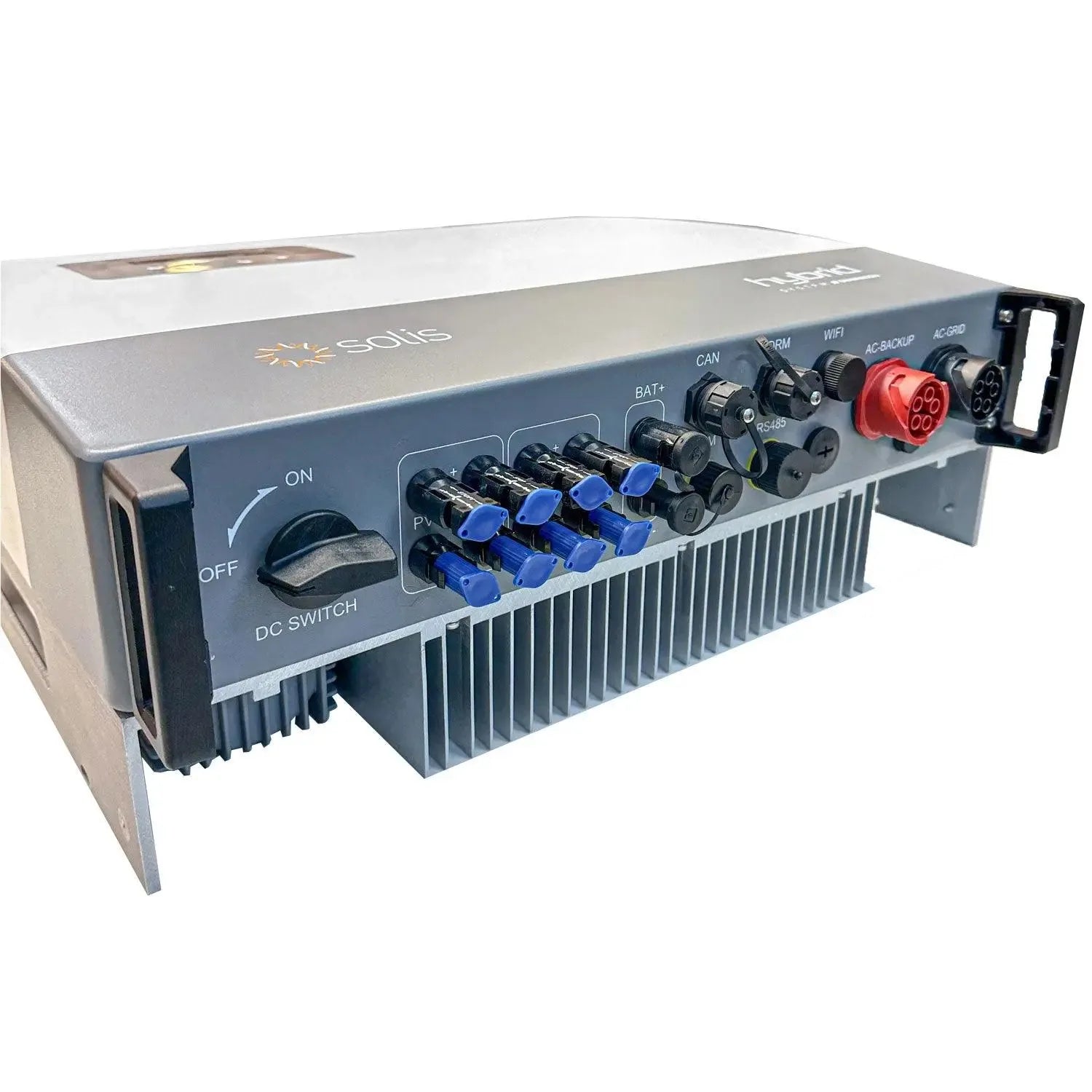 Solis hybrid inverter with gray casing, DC switch, multiple blue terminal connectors, red AC output socket, and heat sink fin