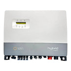 Solis hybrid inverter with white upper casing and gray lower panel, featuring control panel with display screen and four butt