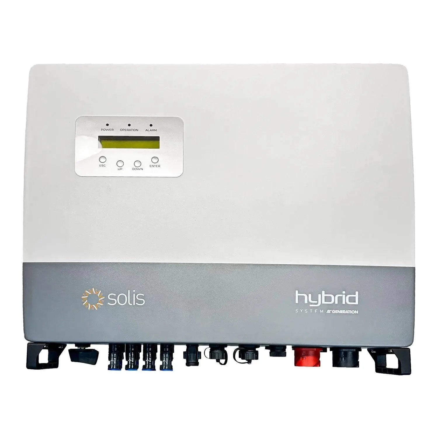 Solis hybrid inverter with white upper casing and gray lower panel, featuring control panel with display screen and four butt