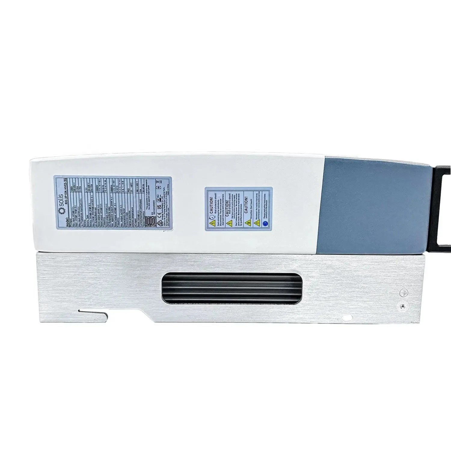 Solis 10kW 3-phase hybrid inverter unit showing top view with white casing, warning labels, ventilation slot, and blue panel 