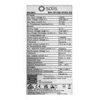 Solis RHI-3P10K-HVES-5G hybrid inverter specifications label showing PV input, battery, AC output, and technical details with