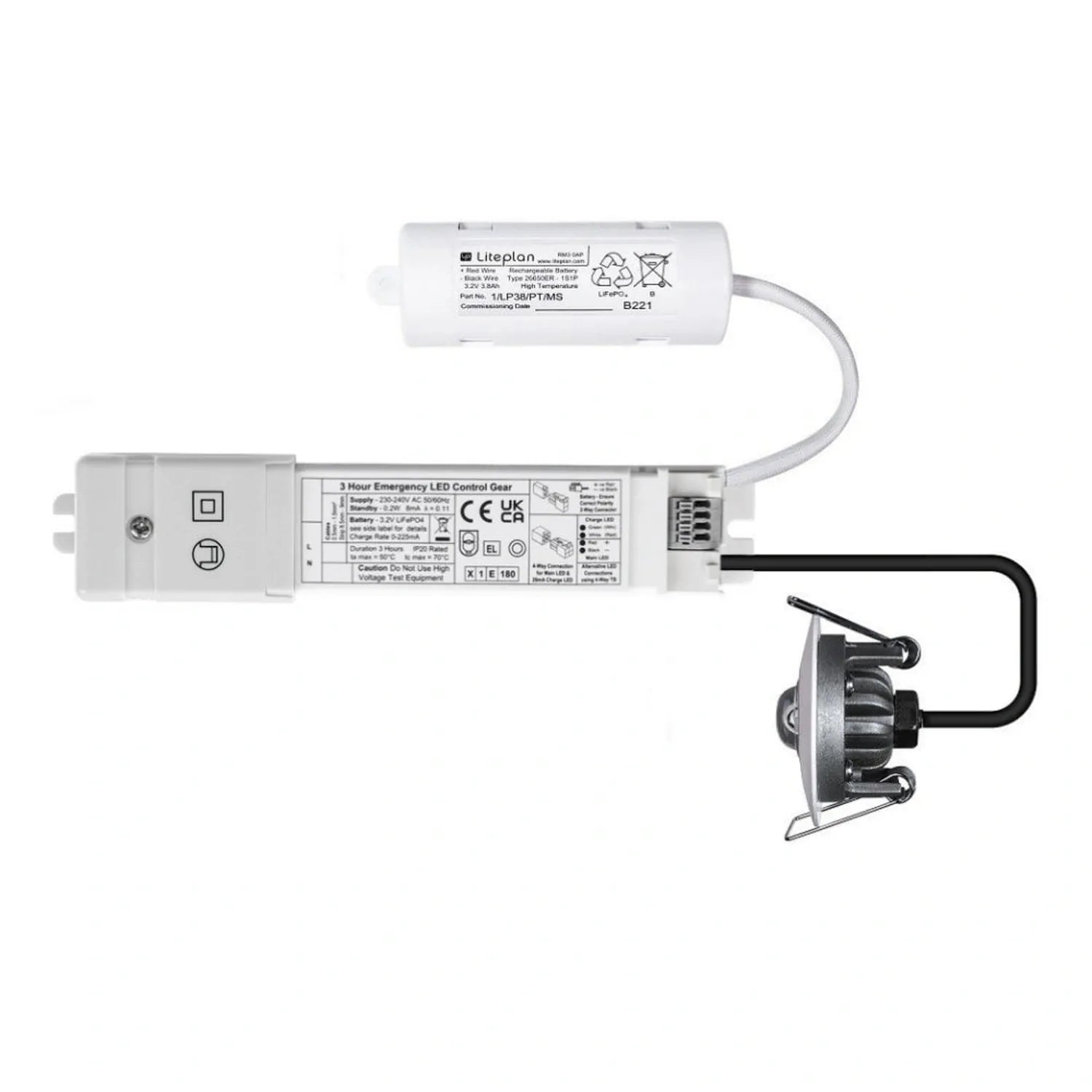 LED emergency spot light kit with cylindrical battery pack, control module, and adjustable bracket mount.