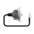Emergency recessed spotlight with black power cord and white connector, shown disconnected from fixture with mounting hardwar