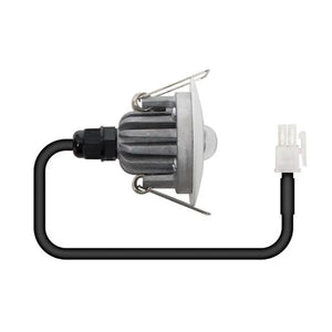 Emergency recessed spotlight with black power cord and white connector, shown disconnected from fixture with mounting hardwar
