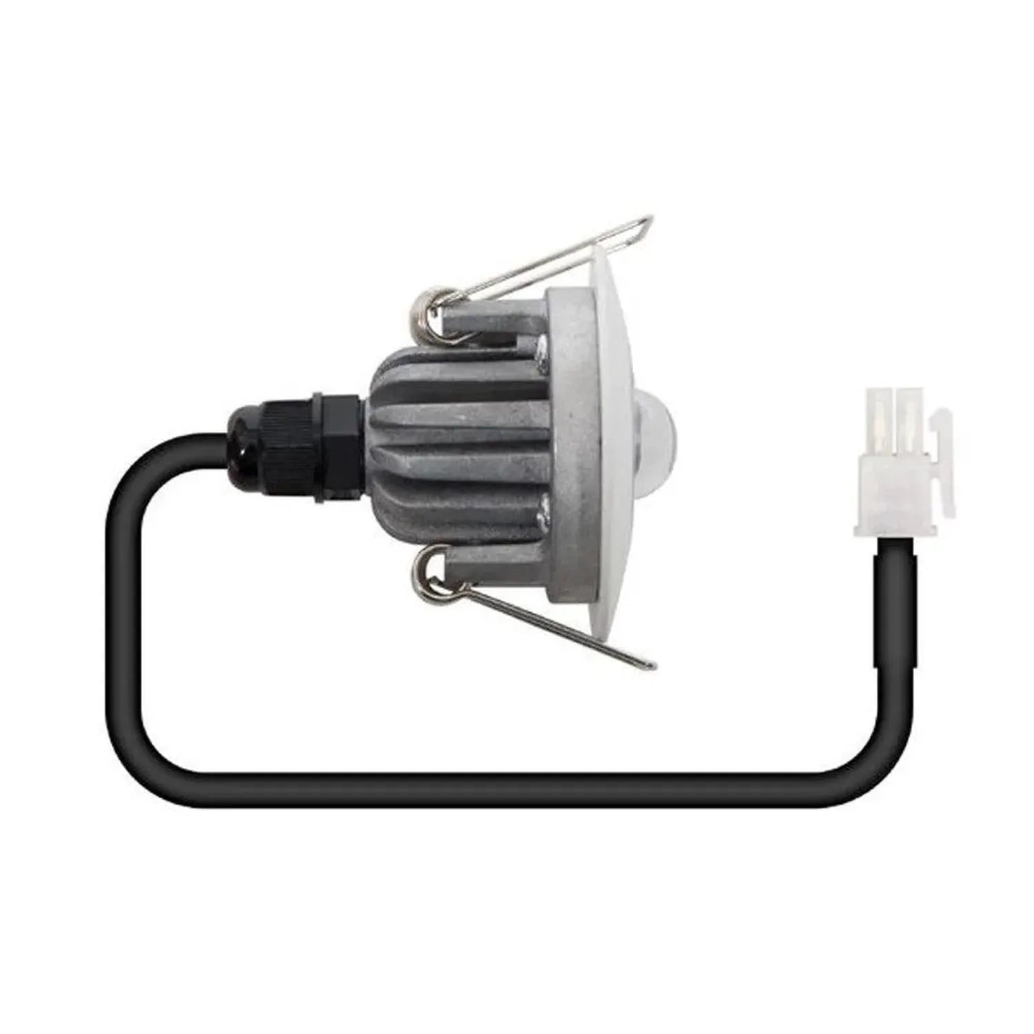 Emergency recessed spotlight with black power cord and white connector, shown disconnected from fixture with mounting hardwar