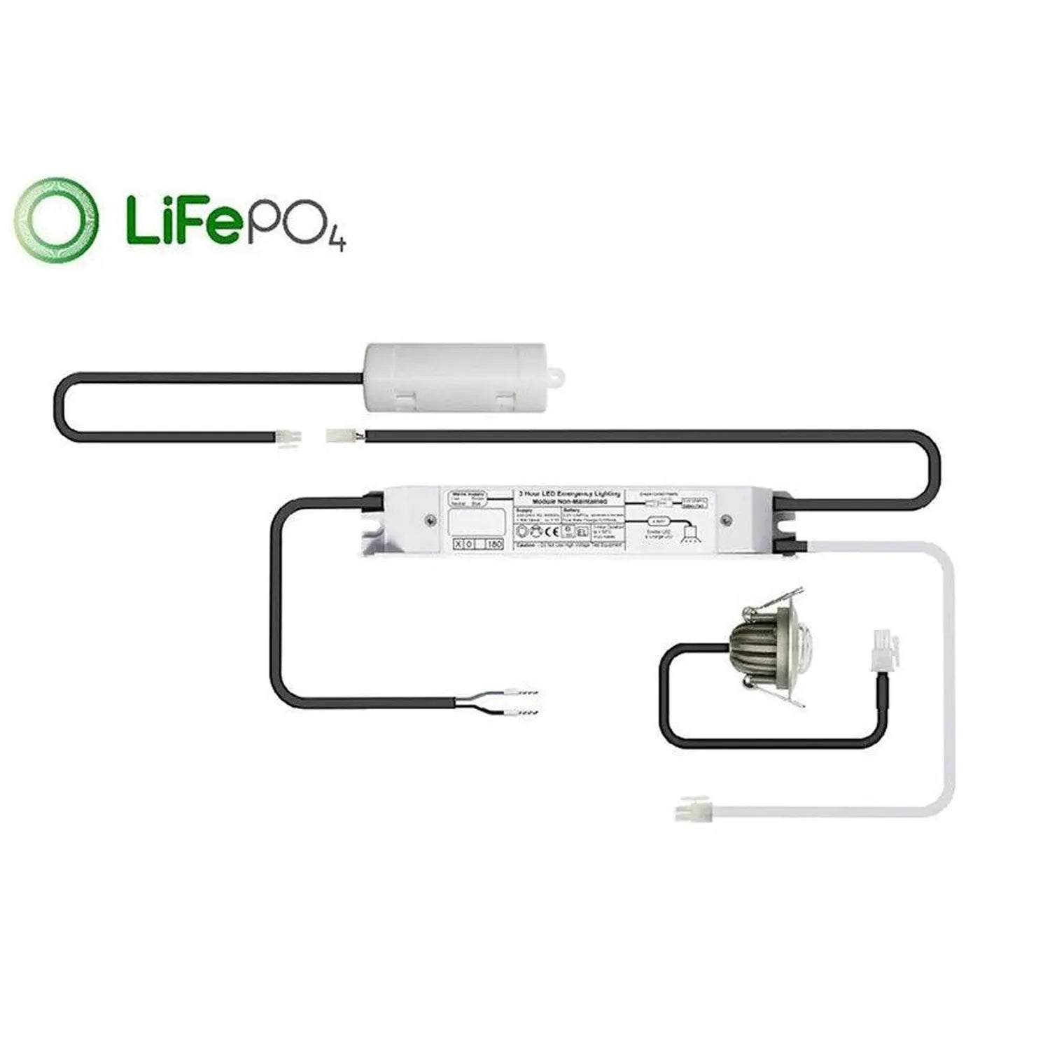 LiFePO4 emergency recessed spotlight components diagram showing wiring layout, LED driver module, and fixture assembly.
