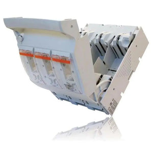 White modular fuse switch disconnector with open door showing internal fuse terminals and orange safety strips, isolated prod