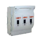 White electrical enclosure with three black switch disconnectors and orange indicator strips mounted on front panel.