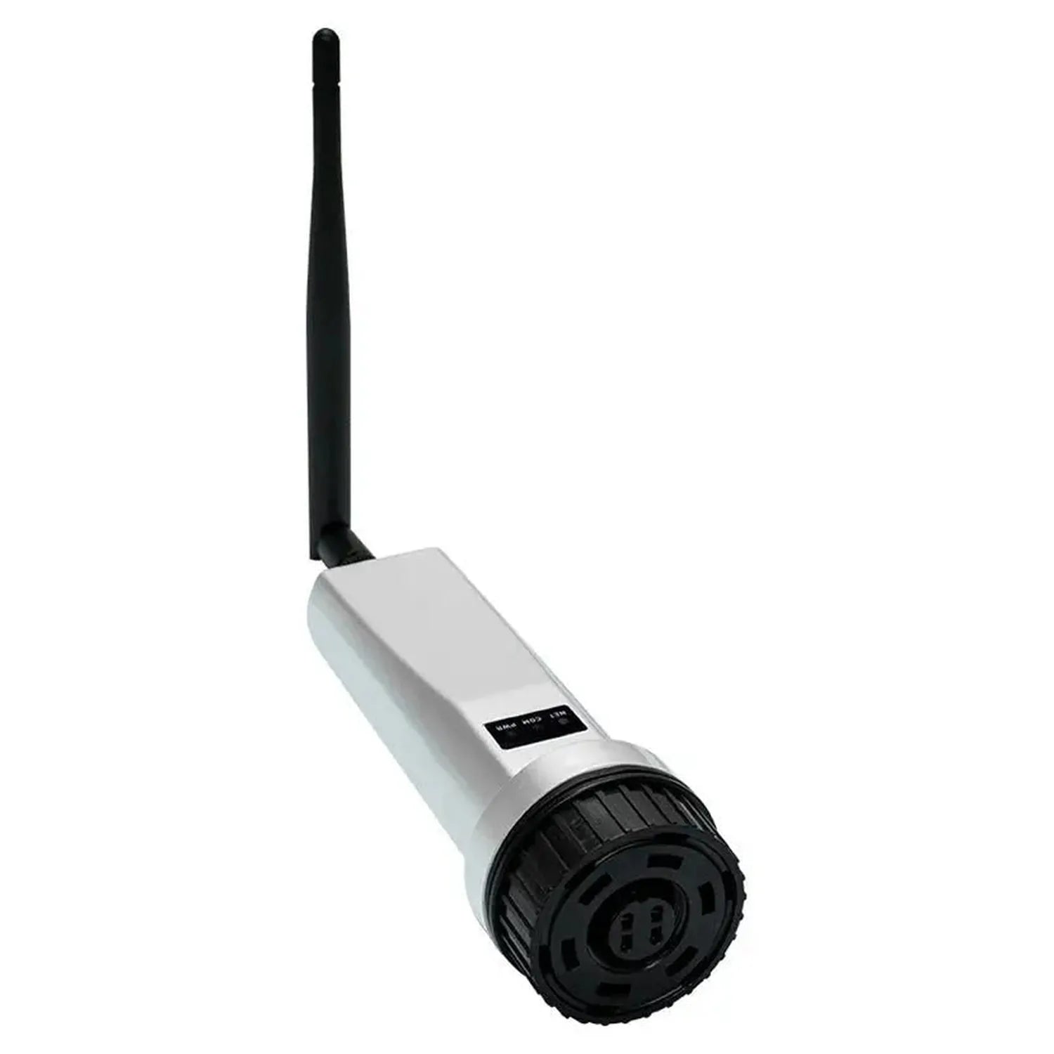 White cylindrical data logger with black antenna and connector base, product shot on white background.