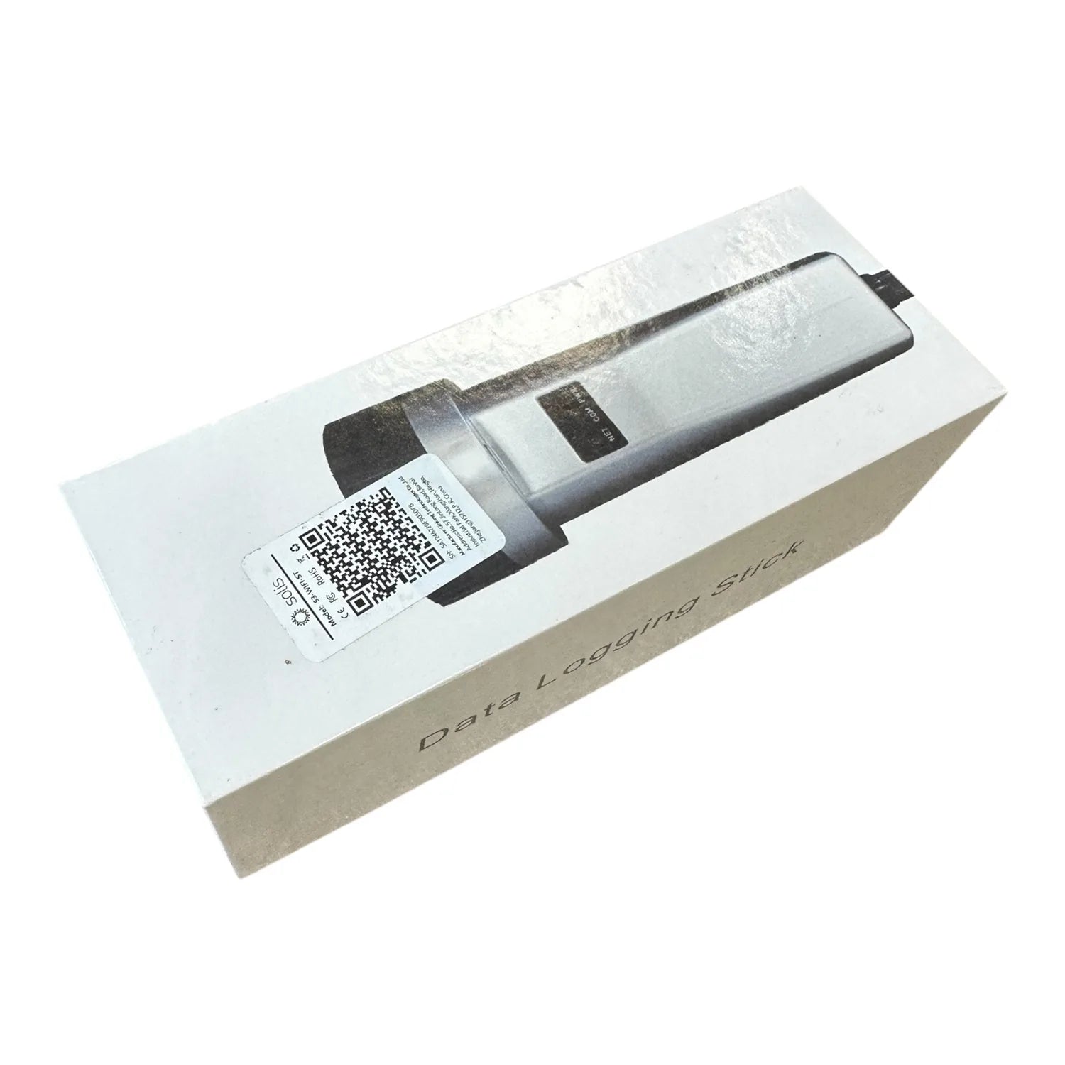 Solis S3-WiFi-ST Data Logger in original packaging, showing device with QR code label and silver heat-dissipating casing.