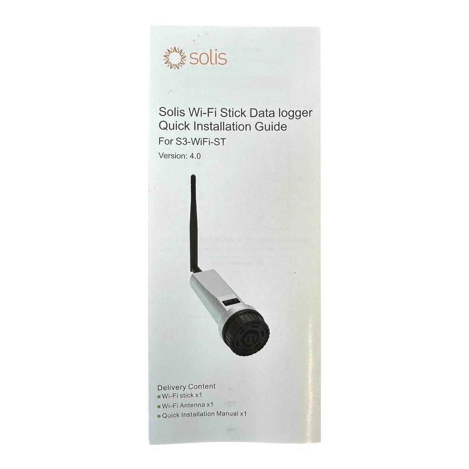 Solis Wi-Fi Stick Data Logger packaging showing device with antenna and quick installation guide details for model S3-WiFi-ST